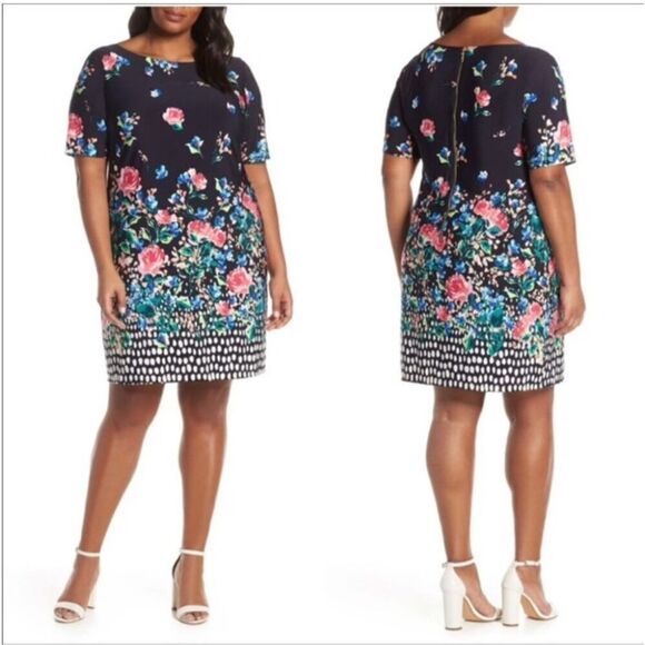 Eliza J Plus Size Black Floral Short Sleeve Exposed Back Zipper Shift Dress Sz 2 - Picture 6 of 6